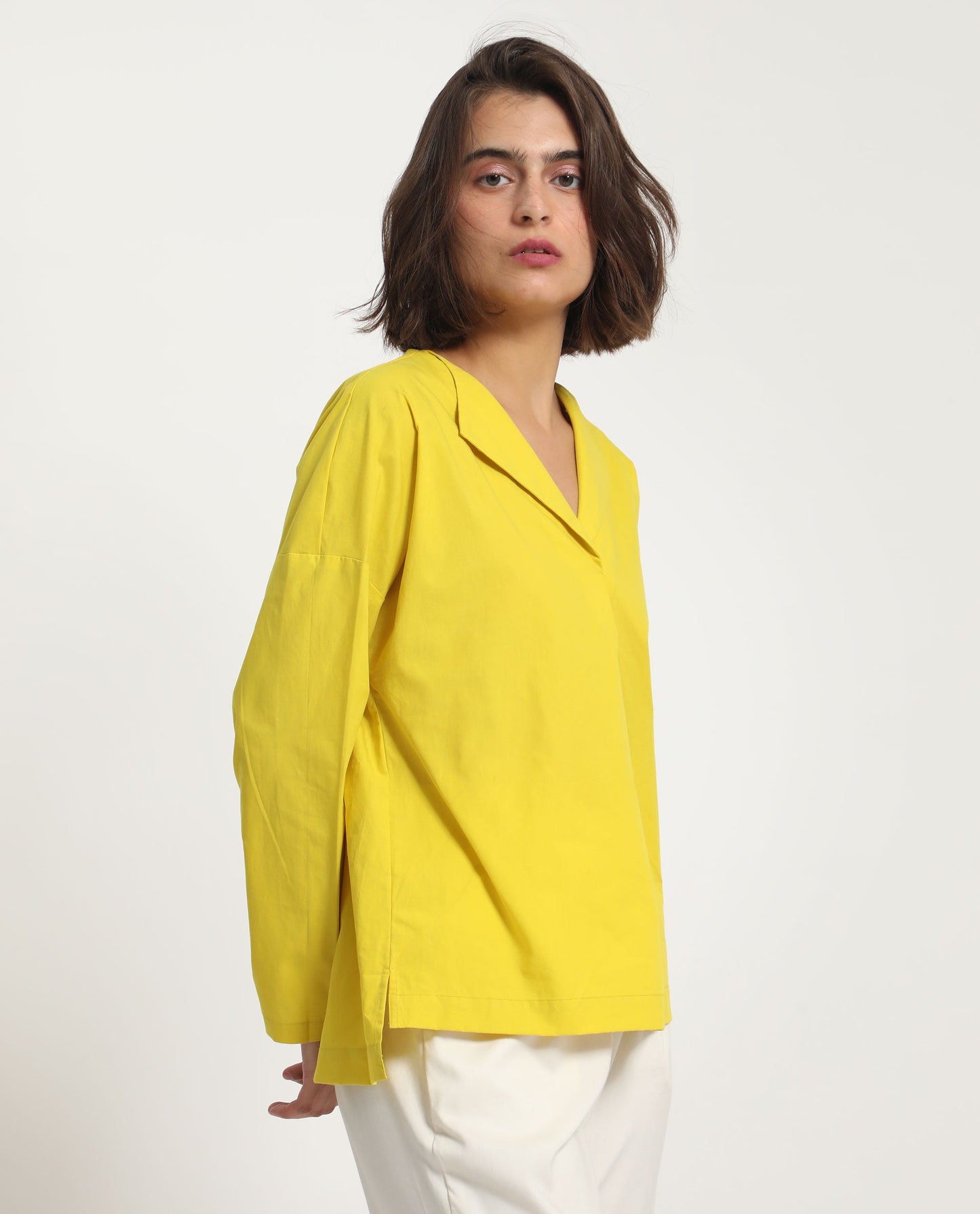 Rareism Women Berge Yellow Polyester Fabric Regular Fit Lapel Neck Full Sleeves Solid Top