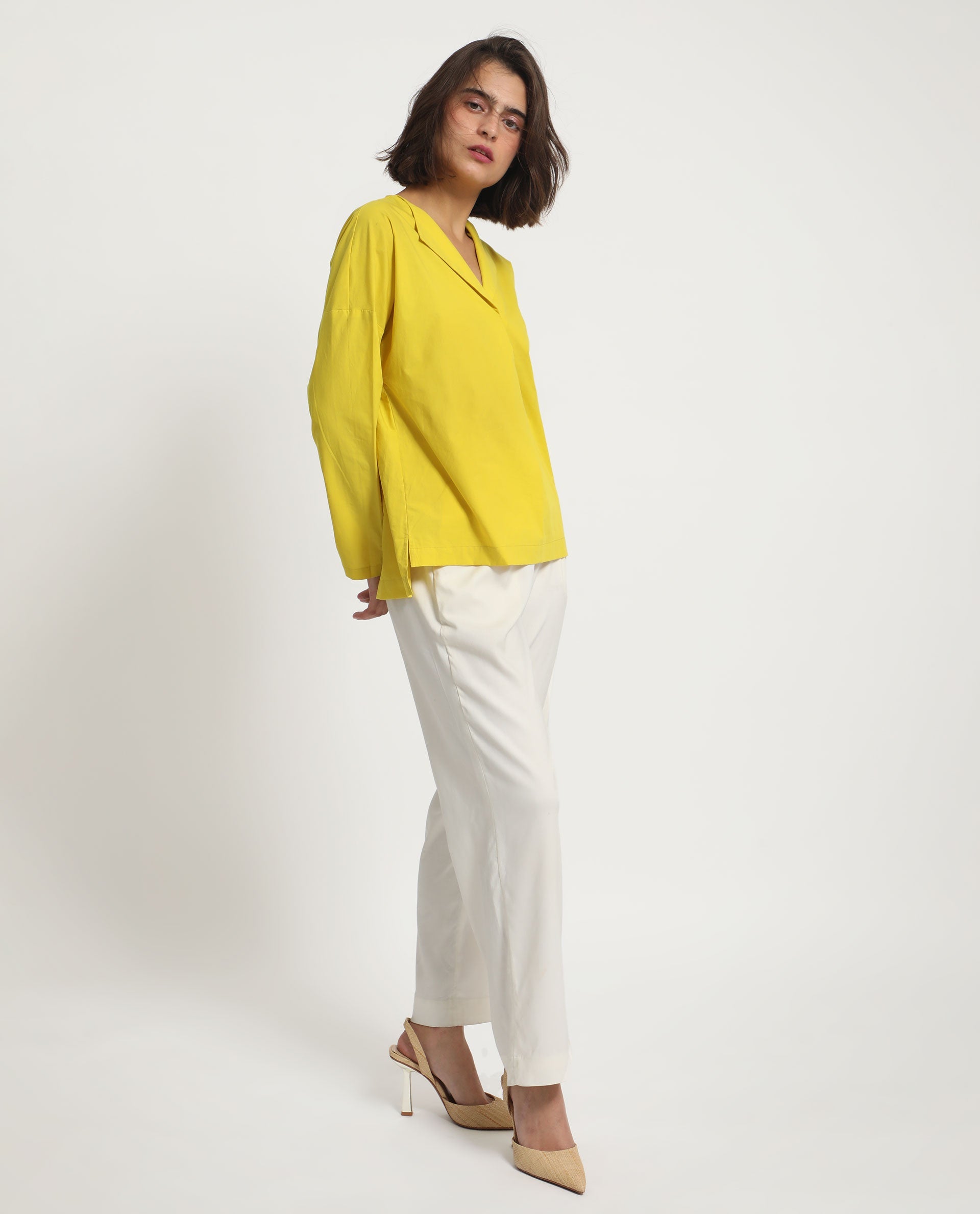 Rareism Women Berge Yellow Polyester Fabric Regular Fit Lapel Neck Full Sleeves Solid Top