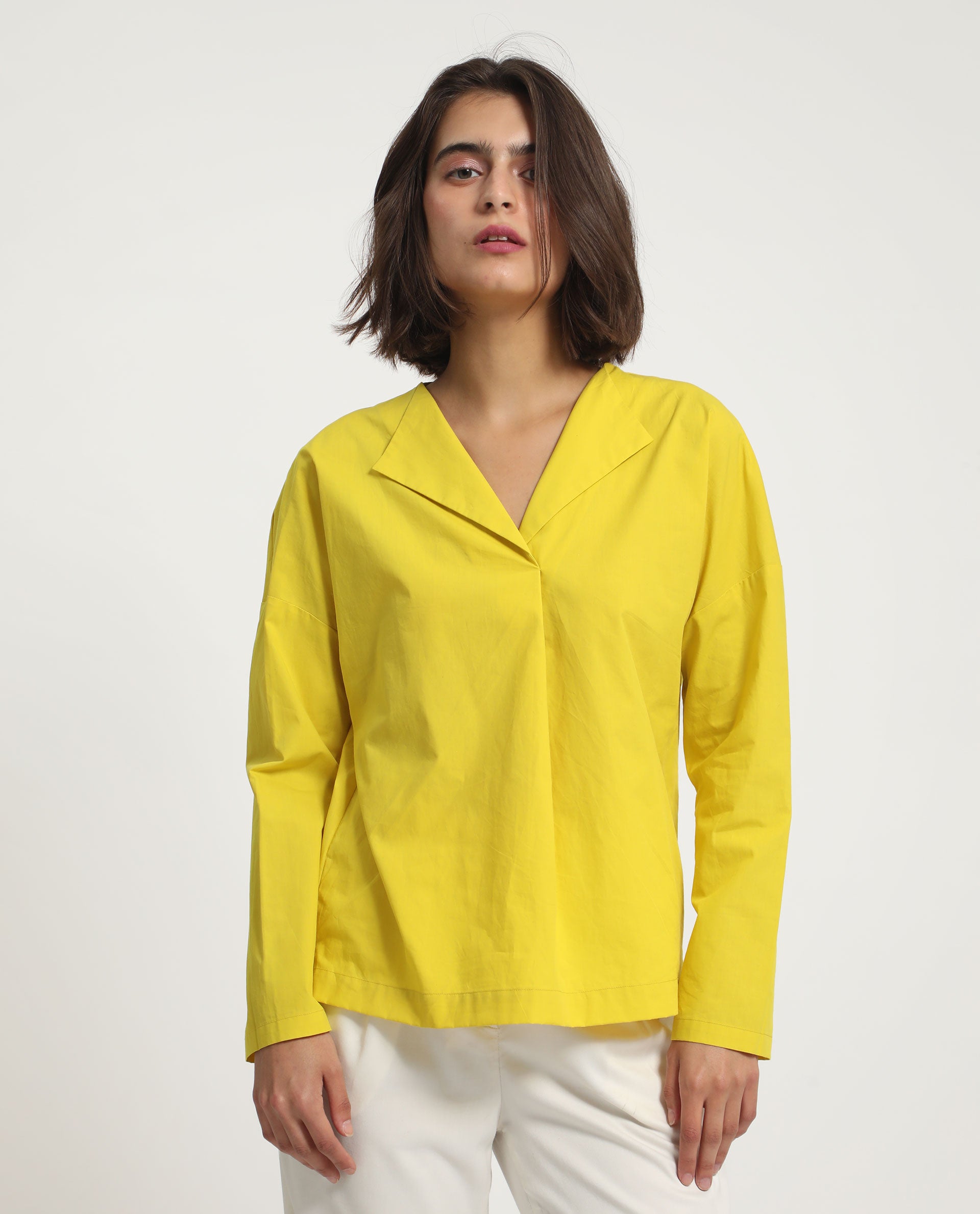 Rareism Women Berge Yellow Polyester Fabric Regular Fit Lapel Neck Full Sleeves Solid Top