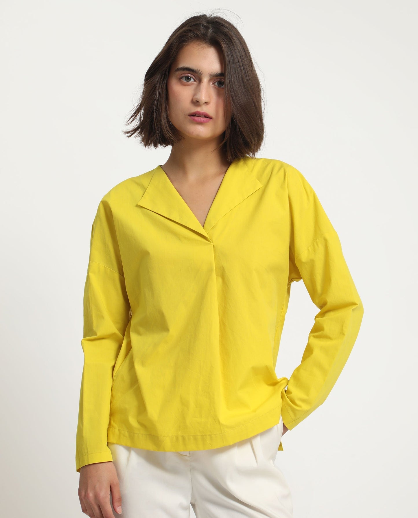 Rareism Women Berge Yellow Polyester Fabric Regular Fit Lapel Neck Full Sleeves Solid Top