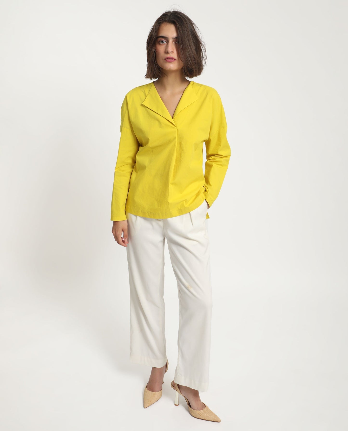 Rareism Women Berge Yellow Polyester Fabric Regular Fit Lapel Neck Full Sleeves Solid Top