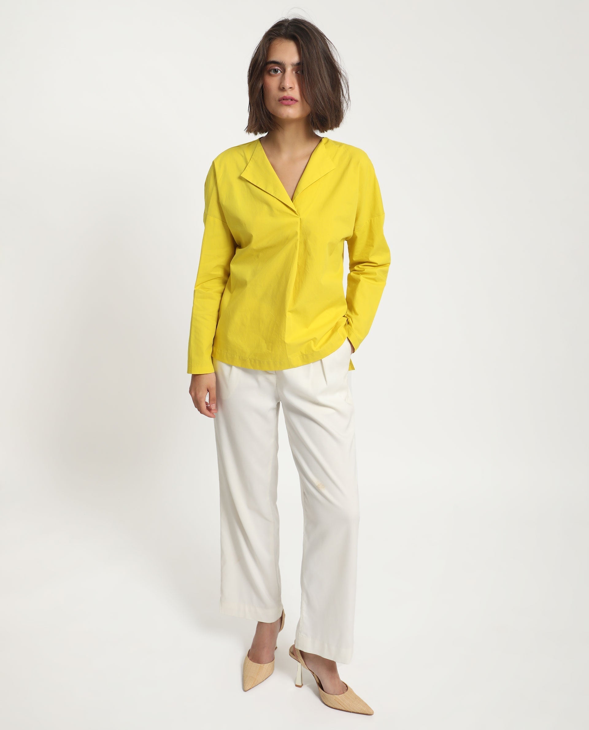 Rareism Women Berge Yellow Polyester Fabric Regular Fit Lapel Neck Full Sleeves Solid Top