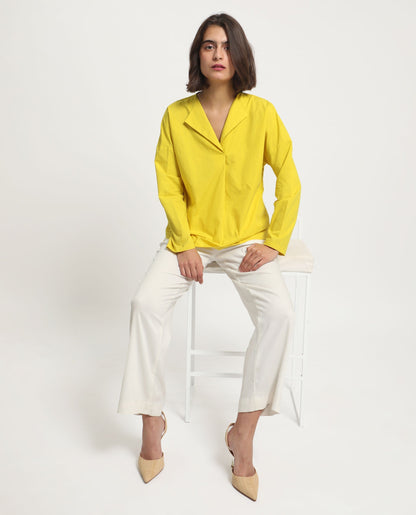 Rareism Women Berge Yellow Polyester Fabric Regular Fit Lapel Neck Full Sleeves Solid Top