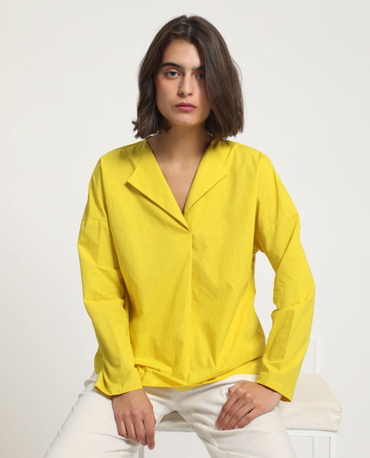 Rareism Women Berge Yellow Polyester Fabric Regular Fit Lapel Neck Full Sleeves Solid Top