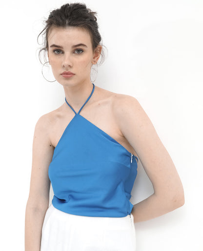 Rareism Women Bluray Fluorescent Blue Polyester Fabric Zip Closure Halter Neck Sleeveless Regular Fit Plain Top