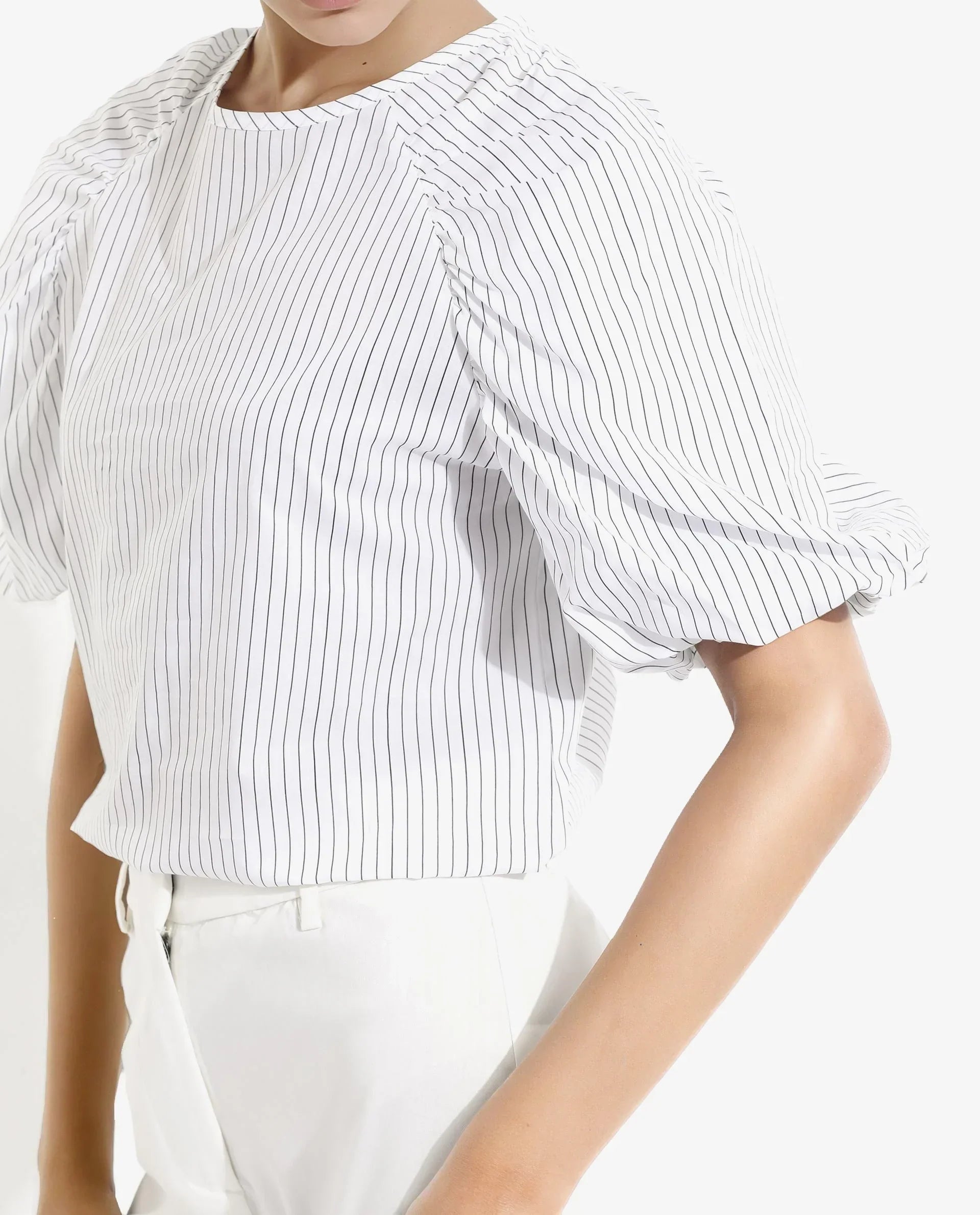 Rareism Women Bobb White Raglan Sleeves Collared Neck Button Closure Narrow Stripes Top