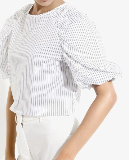 Rareism Women Bobb White Raglan Sleeves Collared Neck Button Closure Narrow Stripes Top