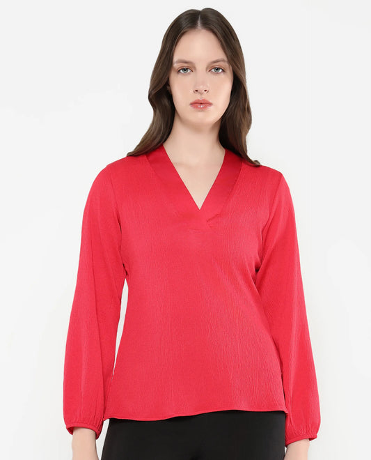 Rareism Women Boco Pink Balloon Sleeve V-Neck Regular Fit Plain Top