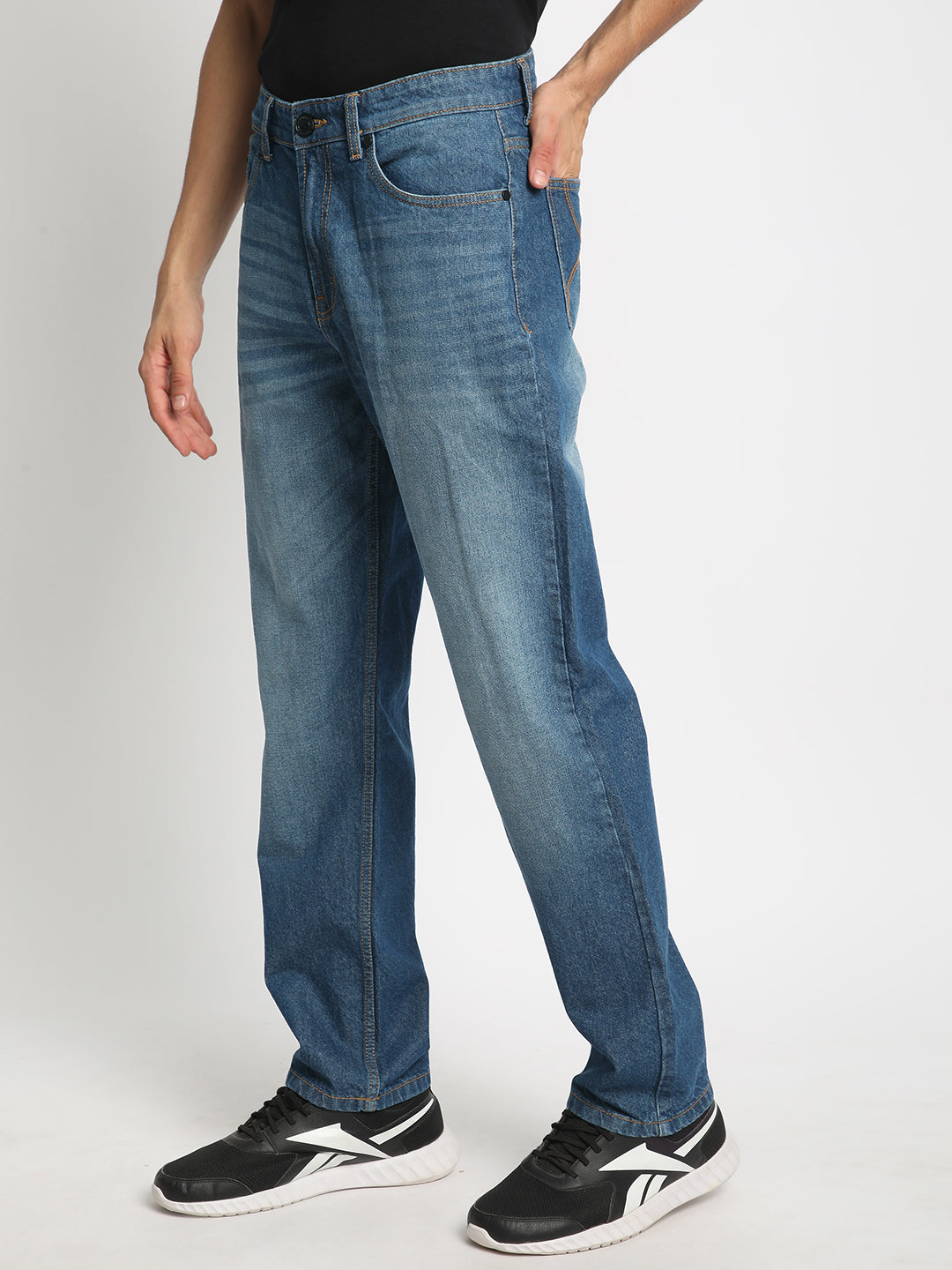 Men Mid Blue Straight Fit Solid Jeans