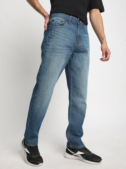 Men Mid Blue Straight Fit Solid Jeans