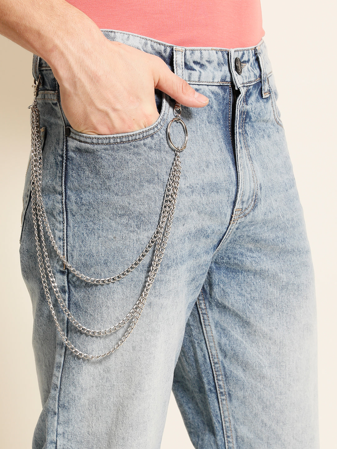 Men Blue Relaxed Fit Solid Jeans With 3 Layer Chain