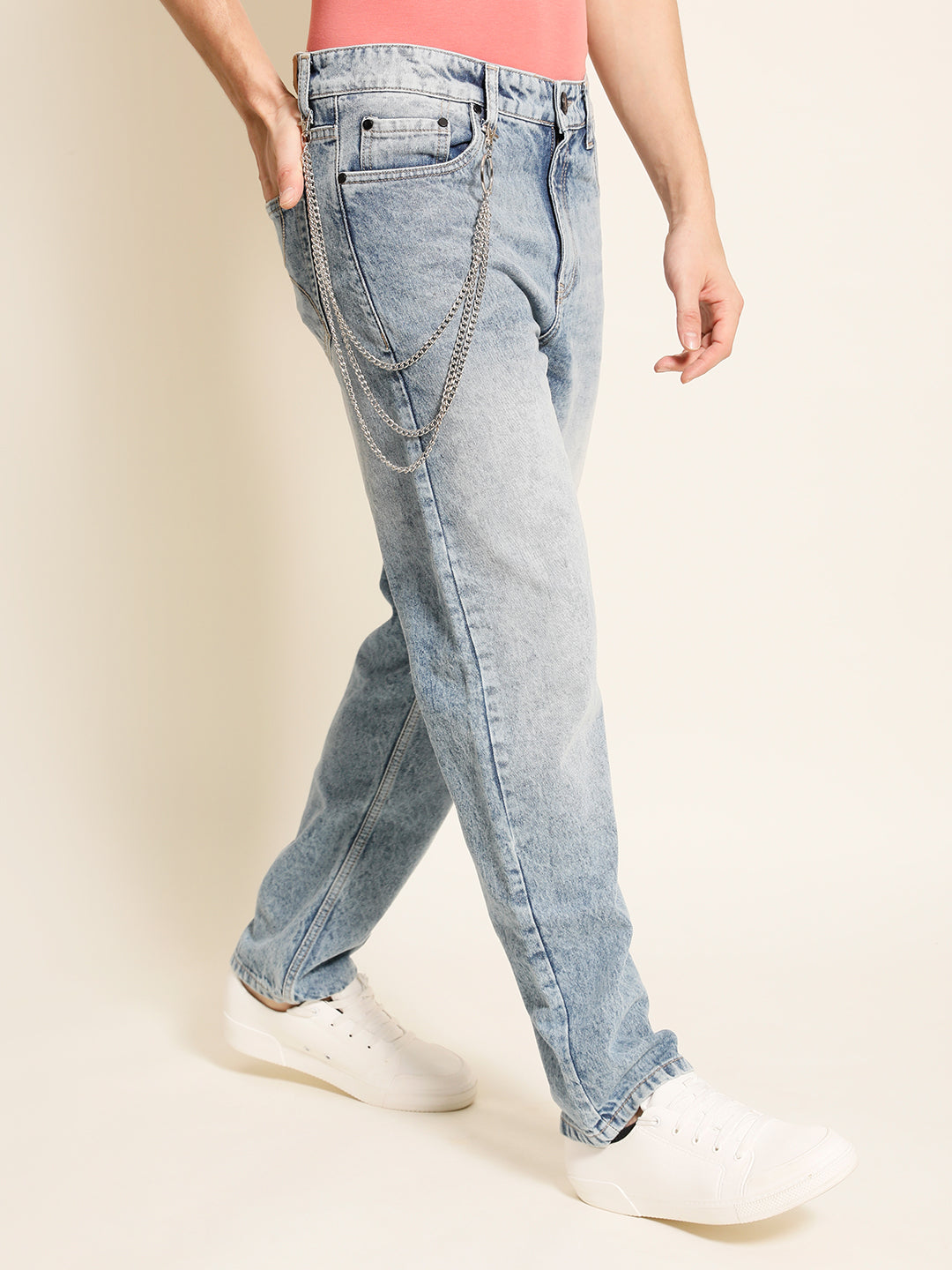 Men Blue Relaxed Fit Solid Jeans With 3 Layer Chain