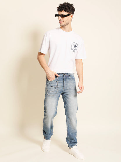 Men Blue Relaxed Fit Solid Jeans With Light Shade And 2 Layer Chain