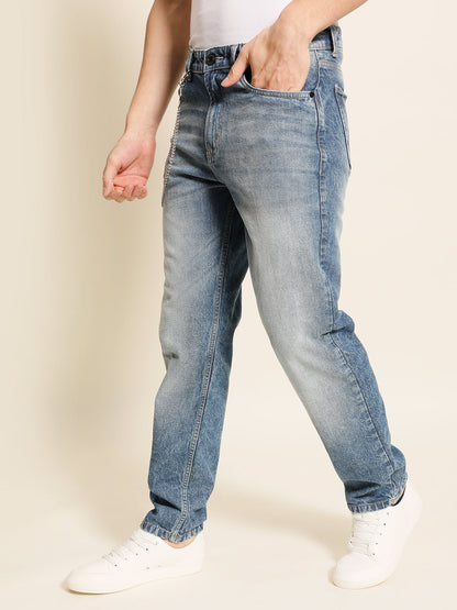 Men Blue Relaxed Fit Solid Jeans With Light Shade And 2 Layer Chain