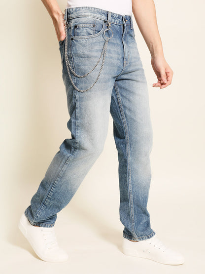 Men Blue Relaxed Fit Solid Jeans With Light Shade And 2 Layer Chain