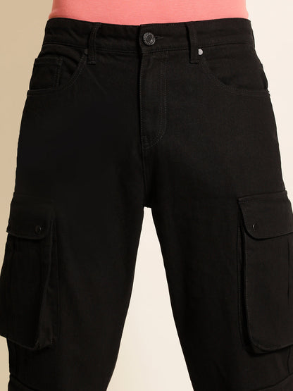 Men Black Relaxed Fit Solid Jeans With Snap