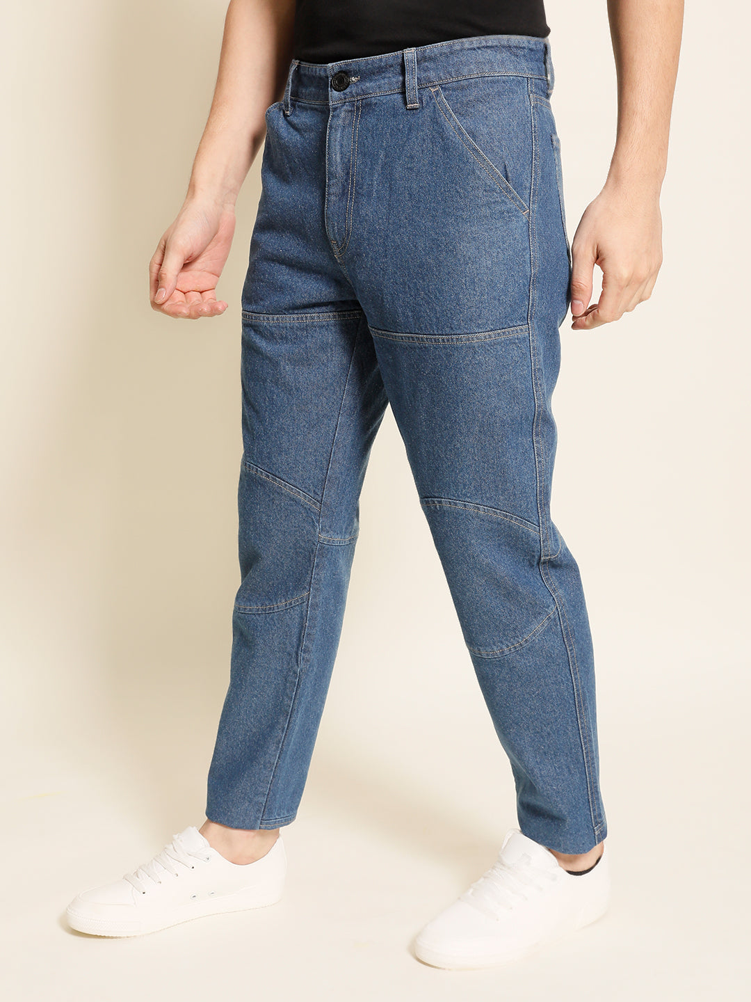 Men Comfy Tapered Solid Jeans With Knee Patch