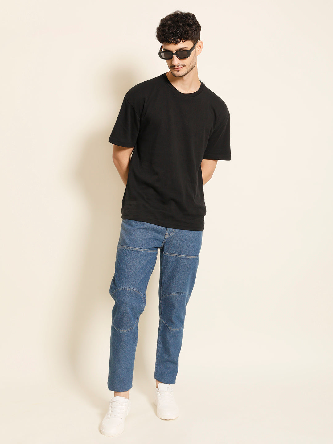 Men Comfy Tapered Solid Jeans With Knee Patch