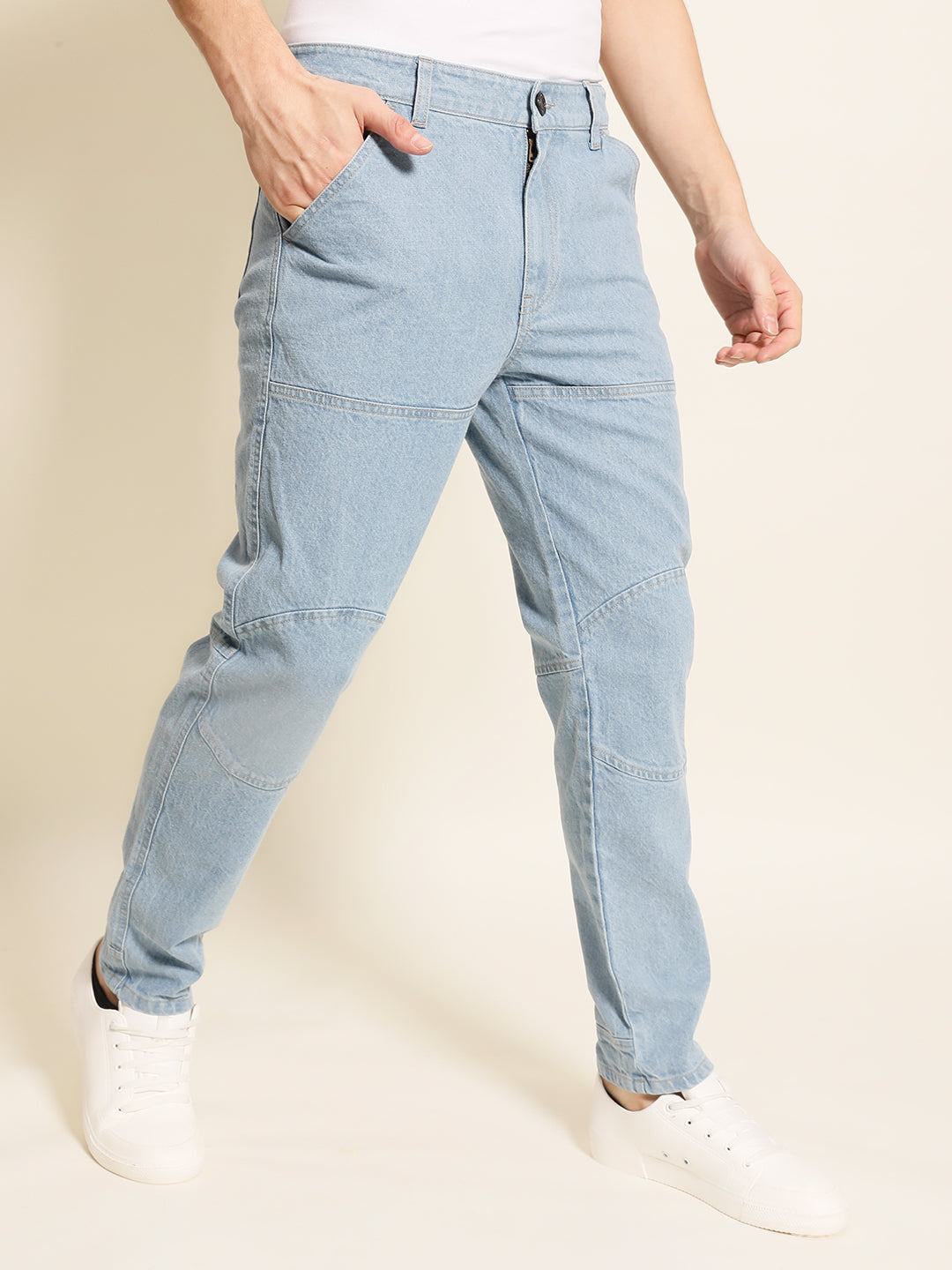 Men Comfy Tapered Solid Jeans With Knee Patch