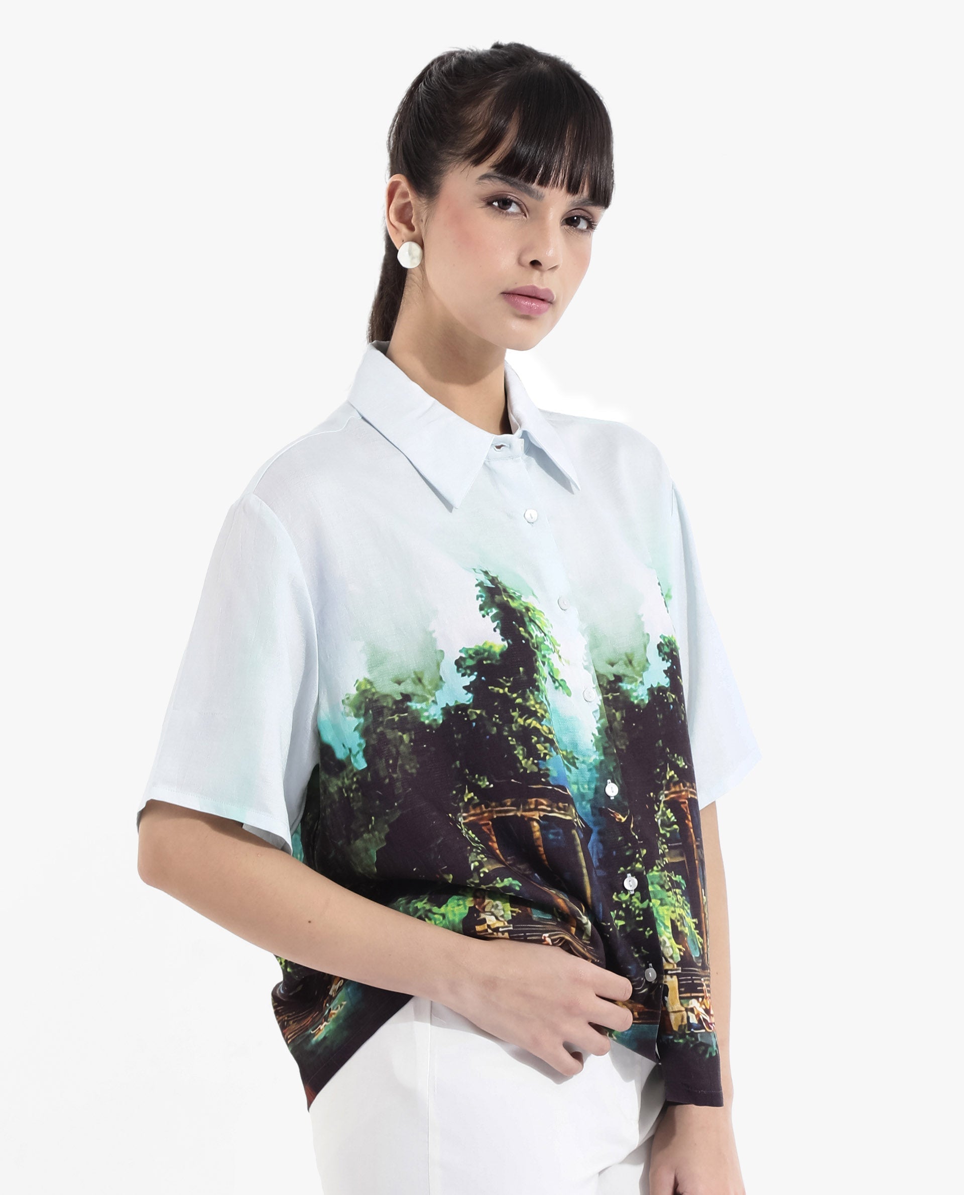 Rareism Women Boulevard Light Blue Short Sleeve Collared Neck Button Closure Boxy Fit Abstract Print Top