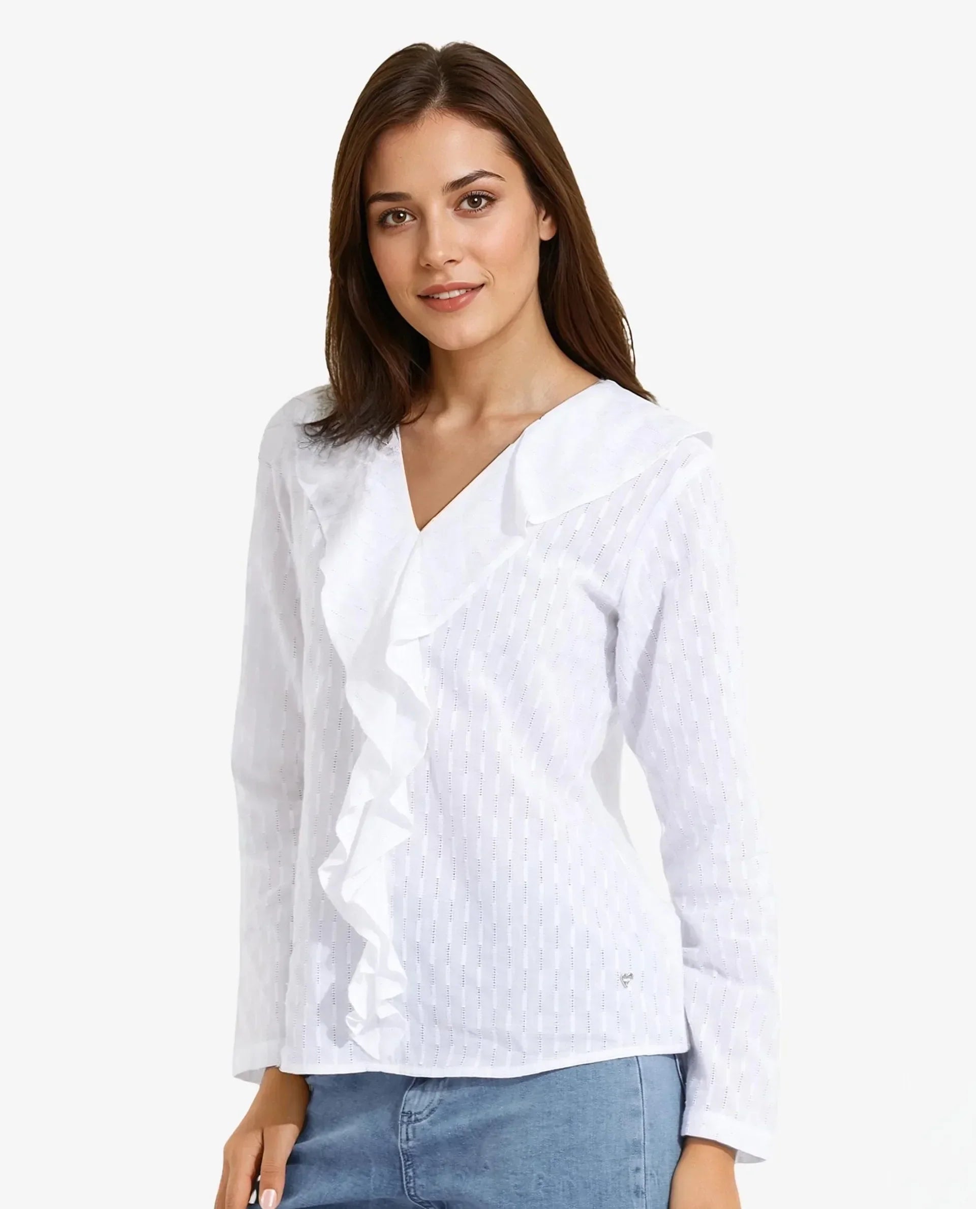 Rareism Women Bowez White Full Sleeve Ruffled Neck Plain Top