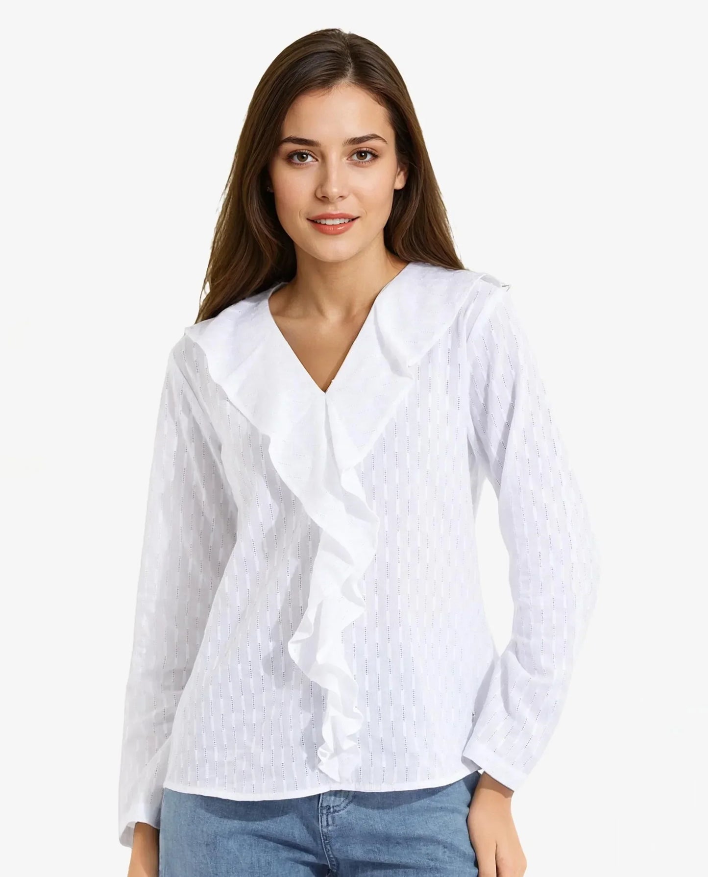 Rareism Women Bowez White Full Sleeve Ruffled Neck Plain Top