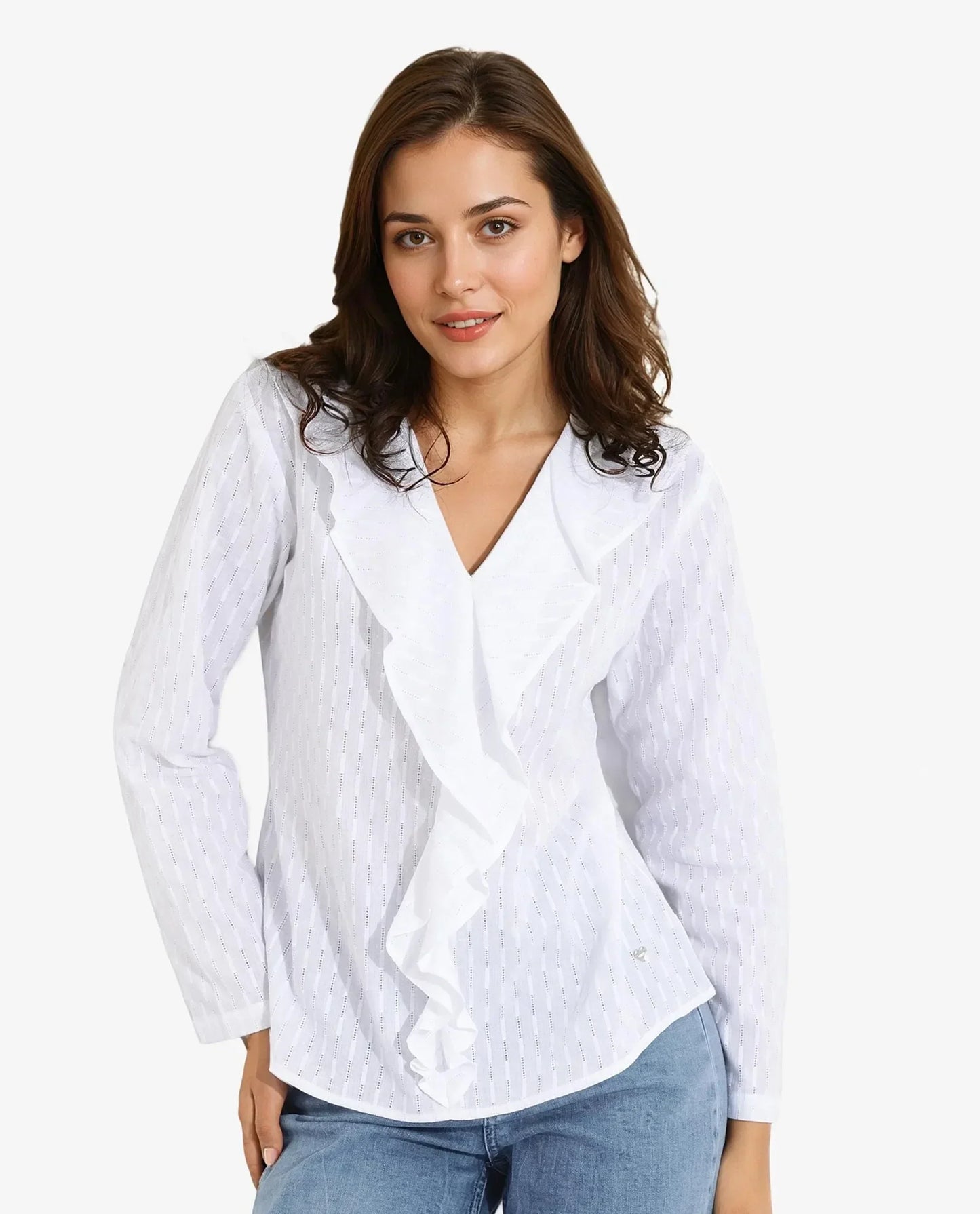 Rareism Women Bowez White Full Sleeve Ruffled Neck Plain Top