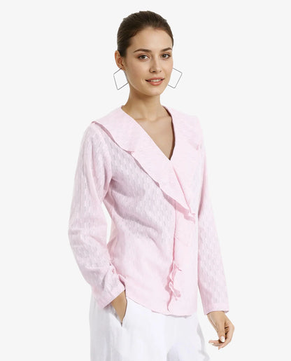 Rareism Women Bowez Pink Full Sleeve Ruffled Neck Plain Top