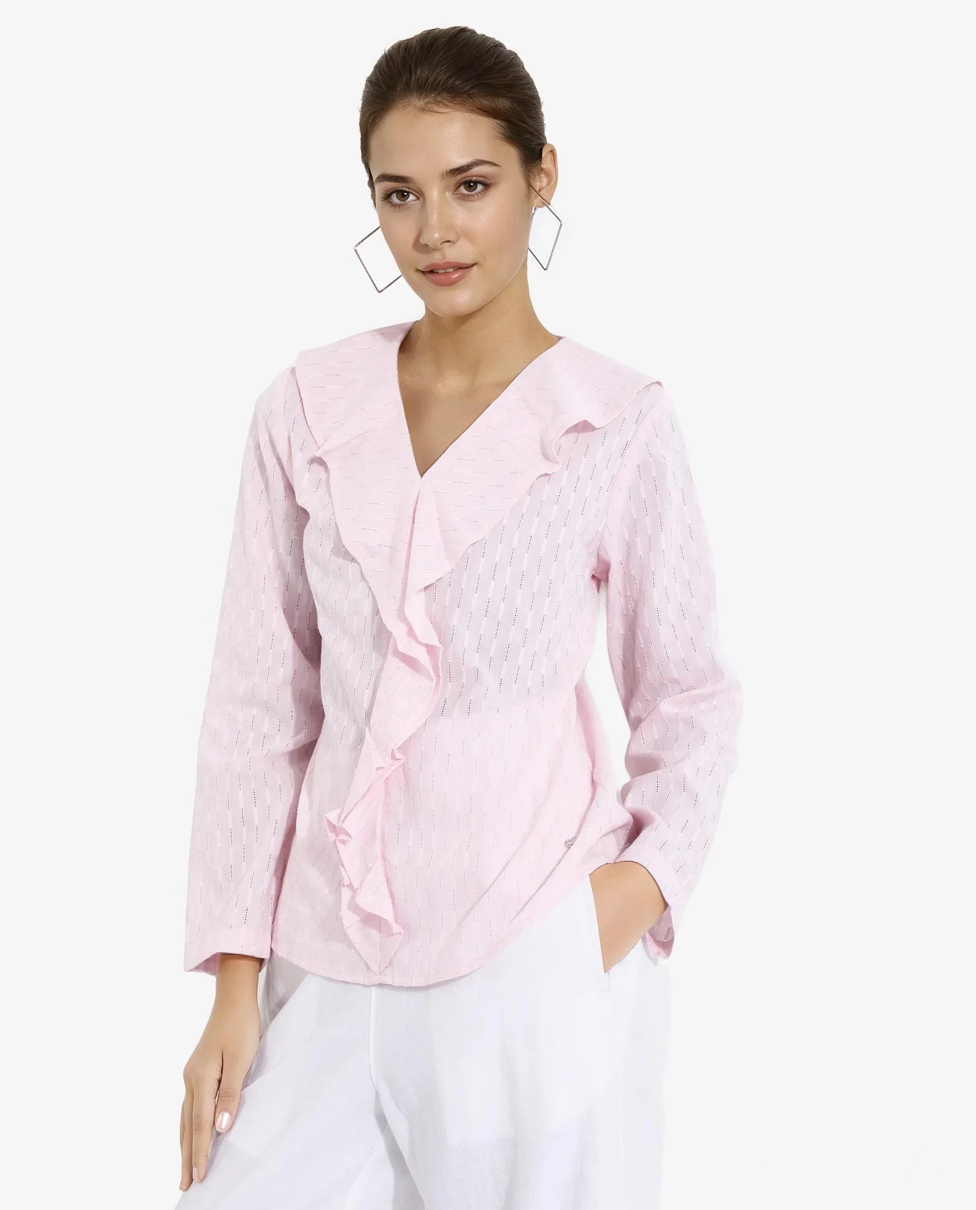 Rareism Women Bowez Pink Full Sleeve Ruffled Neck Plain Top