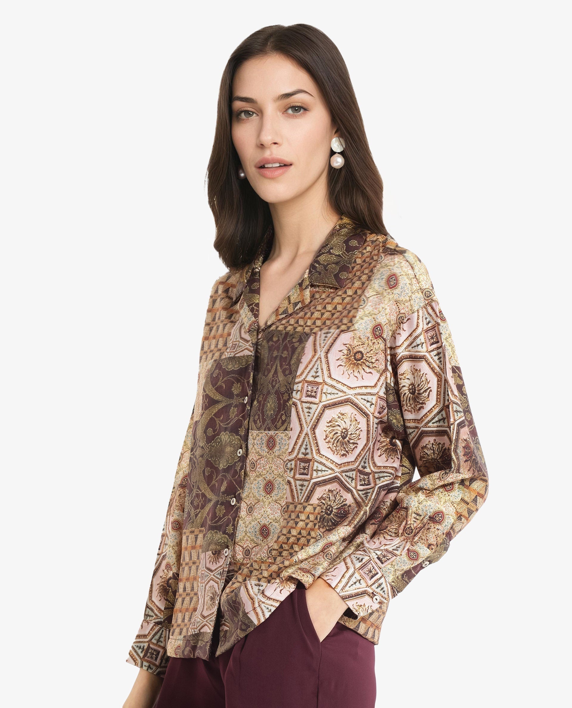 Rareism Women Broadway Brown Full Sleeve Lapel Neck Button Closure Relaxed Fit Abstract Print Top