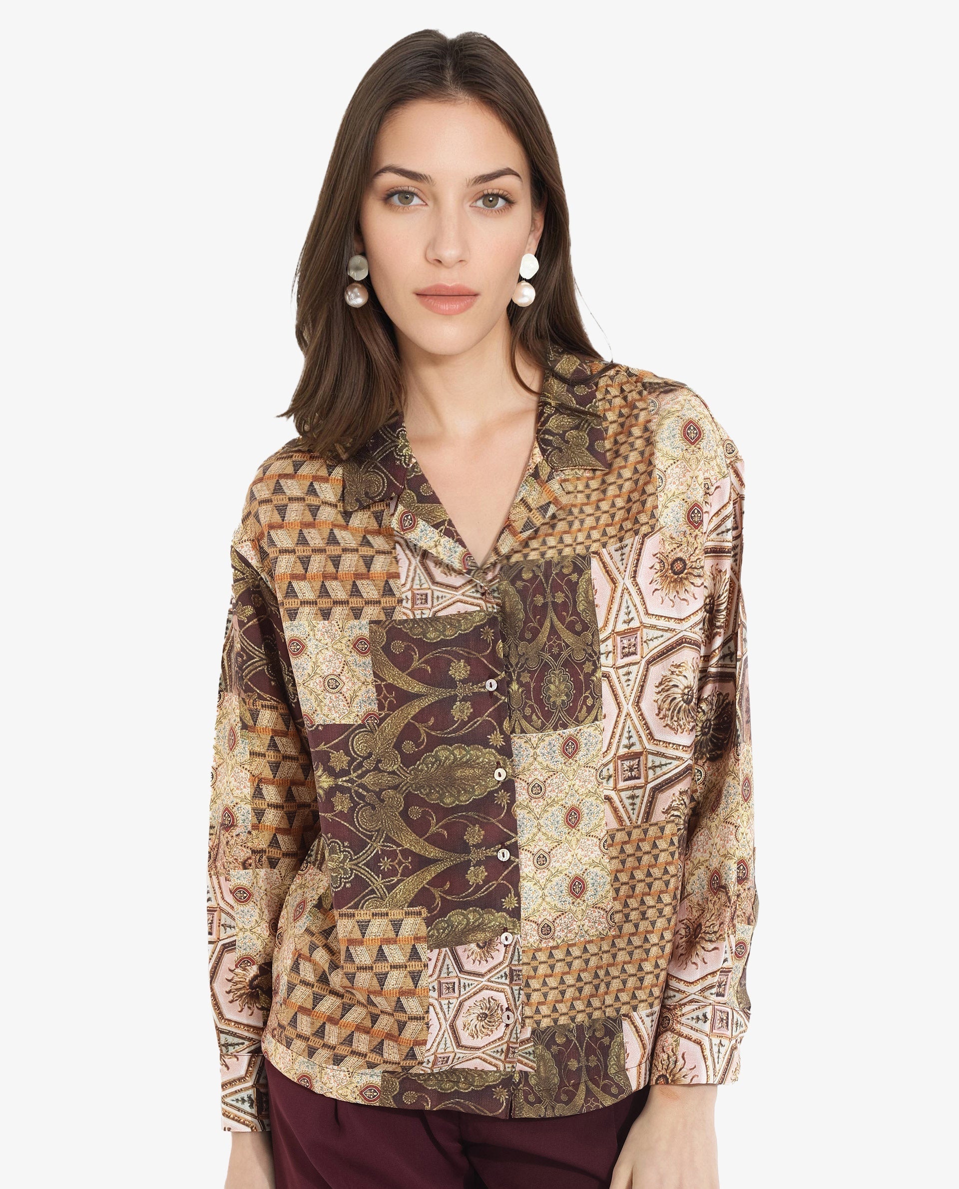 Rareism Women Broadway Brown Full Sleeve Lapel Neck Button Closure Relaxed Fit Abstract Print Top