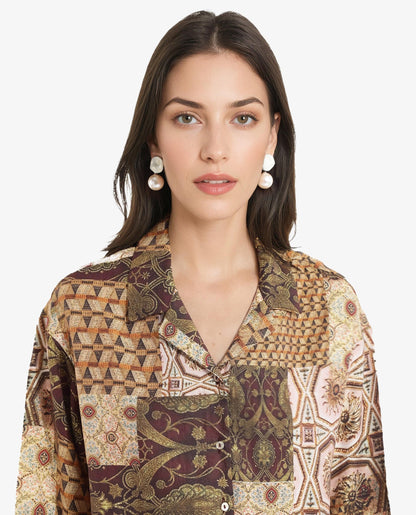 Rareism Women Broadway Brown Full Sleeve Lapel Neck Button Closure Relaxed Fit Abstract Print Top