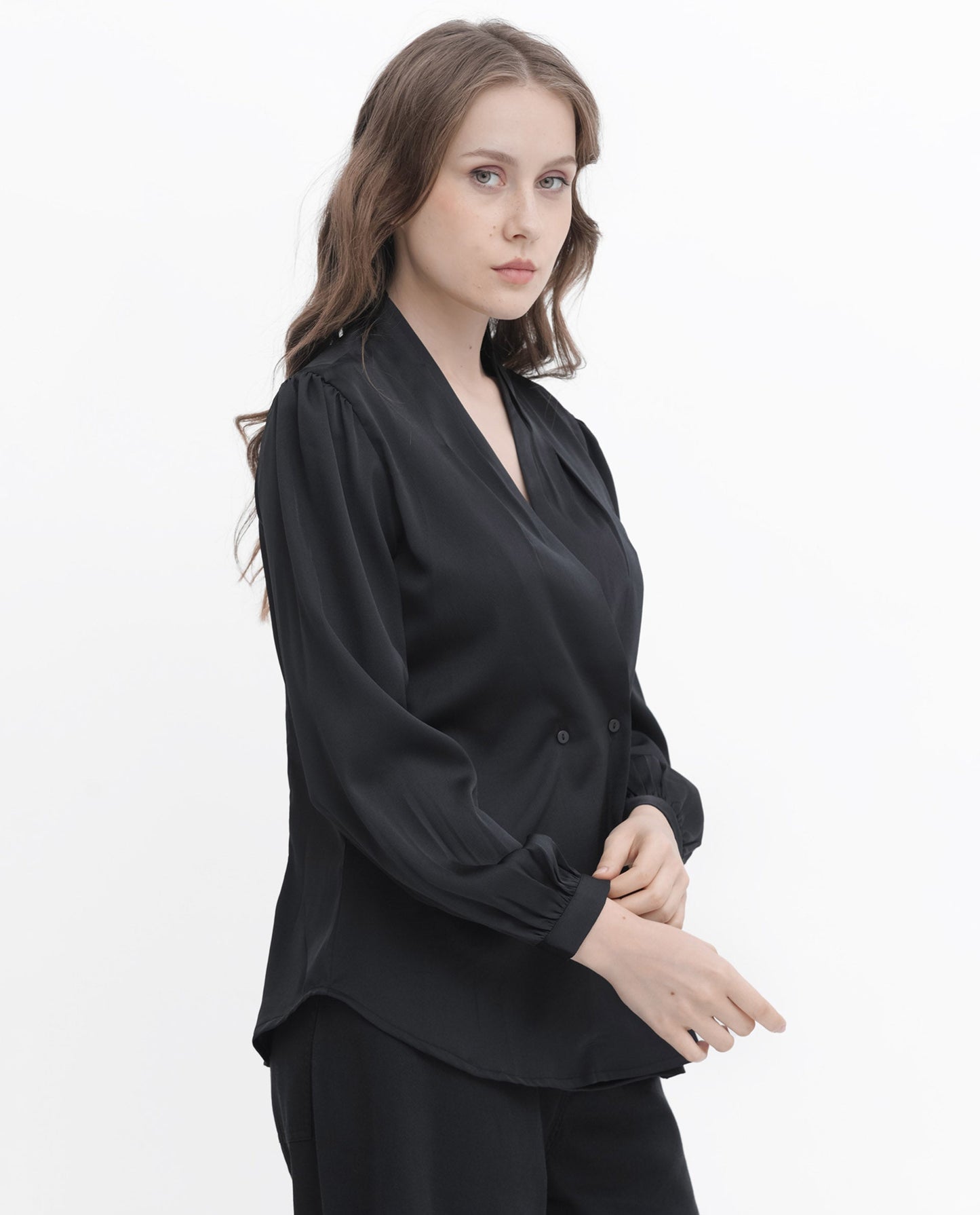 Rareism Women Caplan Black Polyester Fabric Full Sleeves Button Closure Over Lap Bishop Sleeve Regular Fit Plain Top