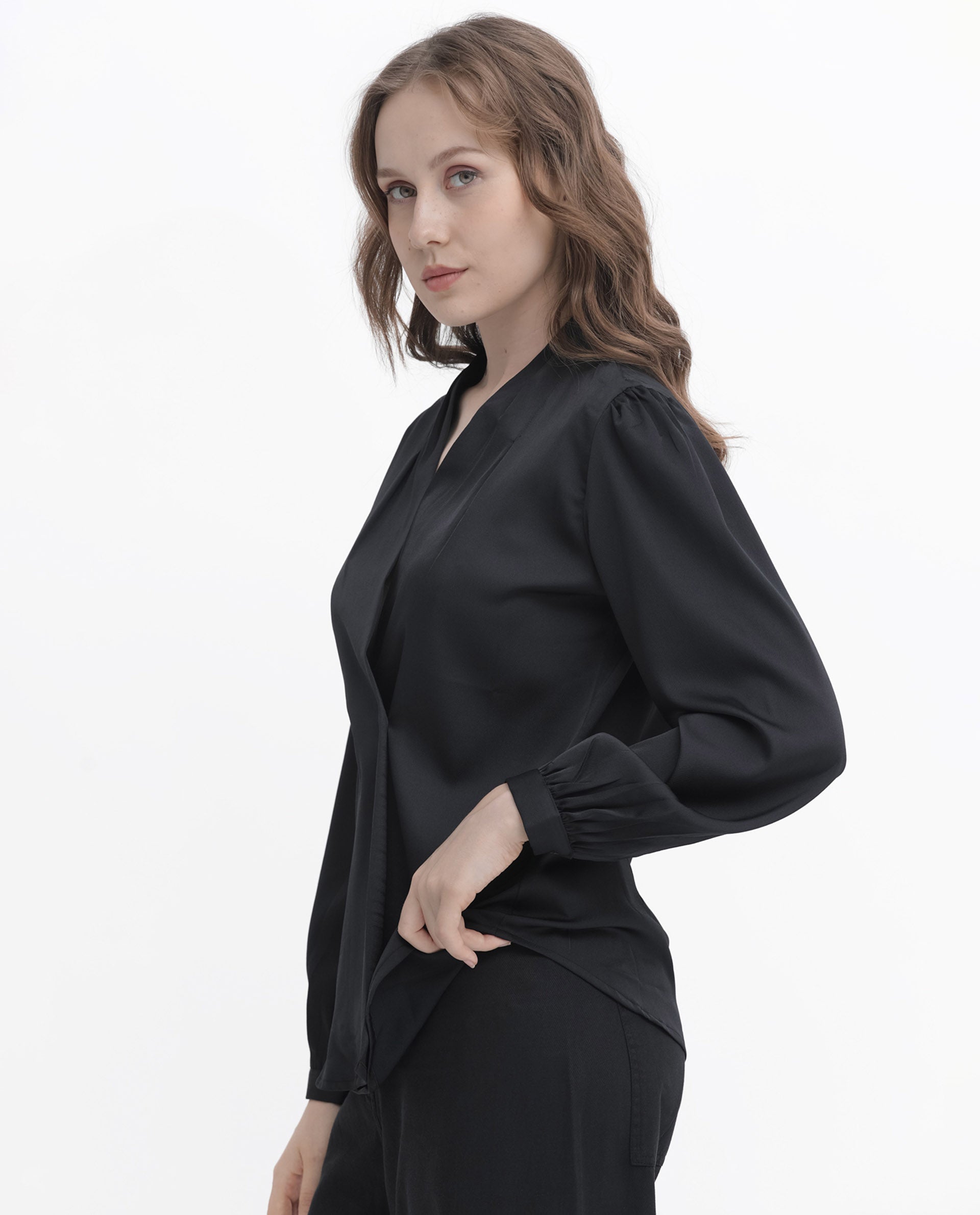 Rareism Women Caplan Black Polyester Fabric Full Sleeves Button Closure Over Lap Bishop Sleeve Regular Fit Plain Top