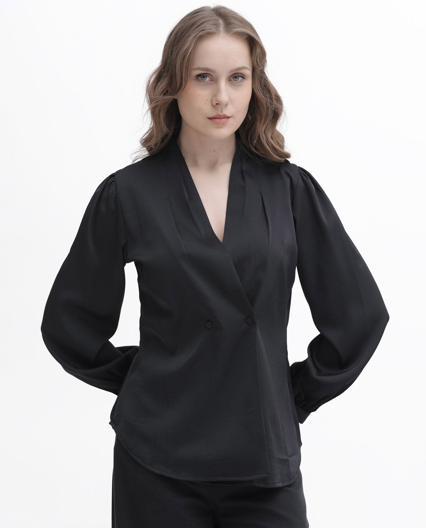 Rareism Women Caplan Black Polyester Fabric Full Sleeves Button Closure Over Lap Bishop Sleeve Regular Fit Plain Top