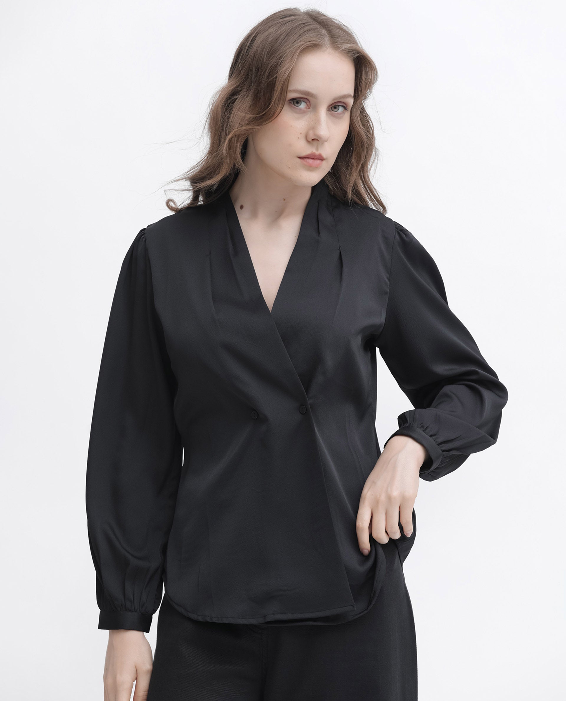 Rareism Women Caplan Black Polyester Fabric Full Sleeves Button Closure Over Lap Bishop Sleeve Regular Fit Plain Top