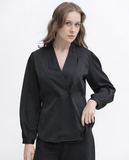 Rareism Women Caplan Black Polyester Fabric Full Sleeves Button Closure Over Lap Bishop Sleeve Regular Fit Plain Top