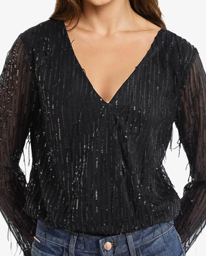 Rareism Women Carm Metallic Black Cotton Fabric Full Sleeves Sequined Top