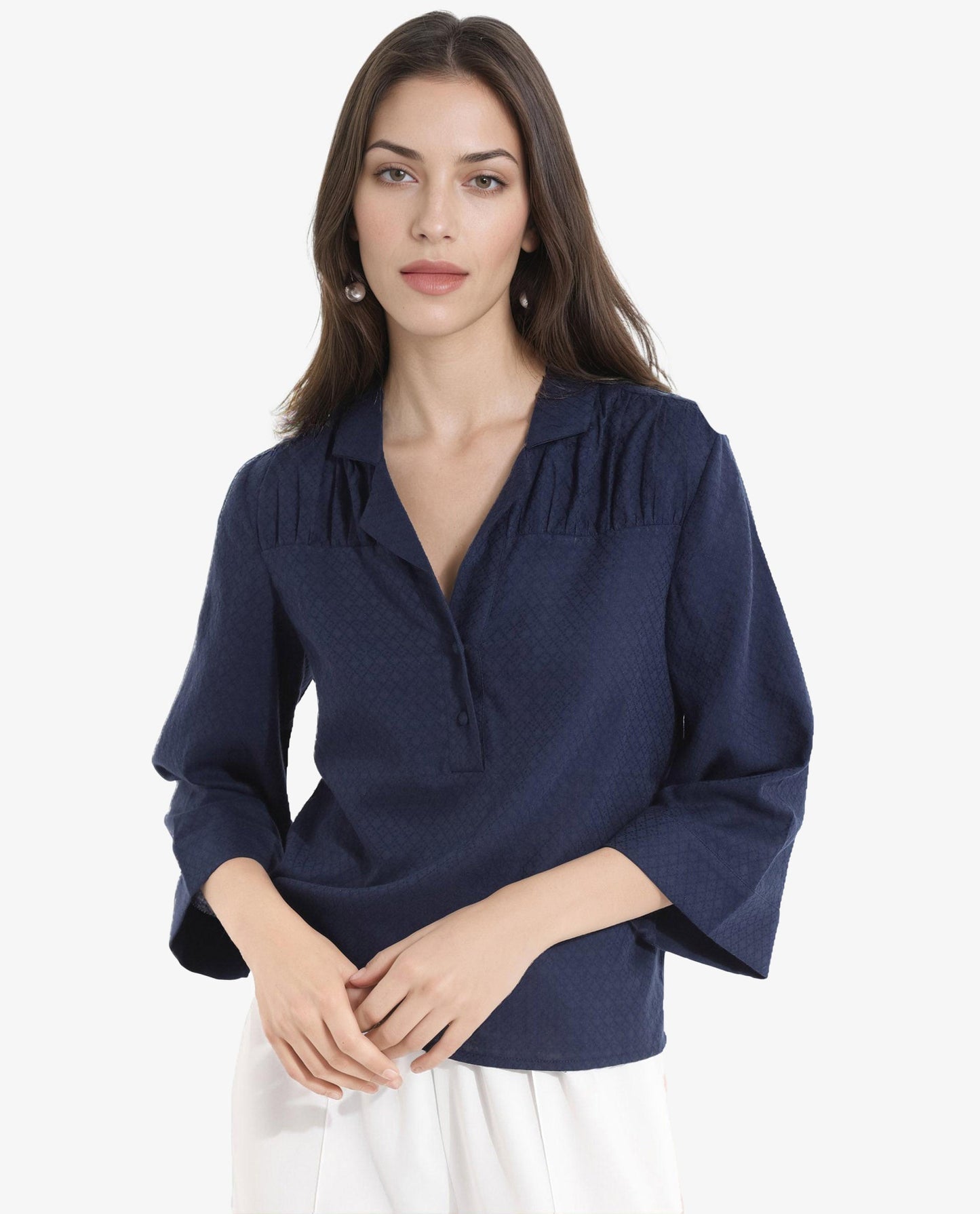 Rareism Women Carrara Dark Blue 3/4Th Sleeve Lapel Collar Button Closure Plain Top