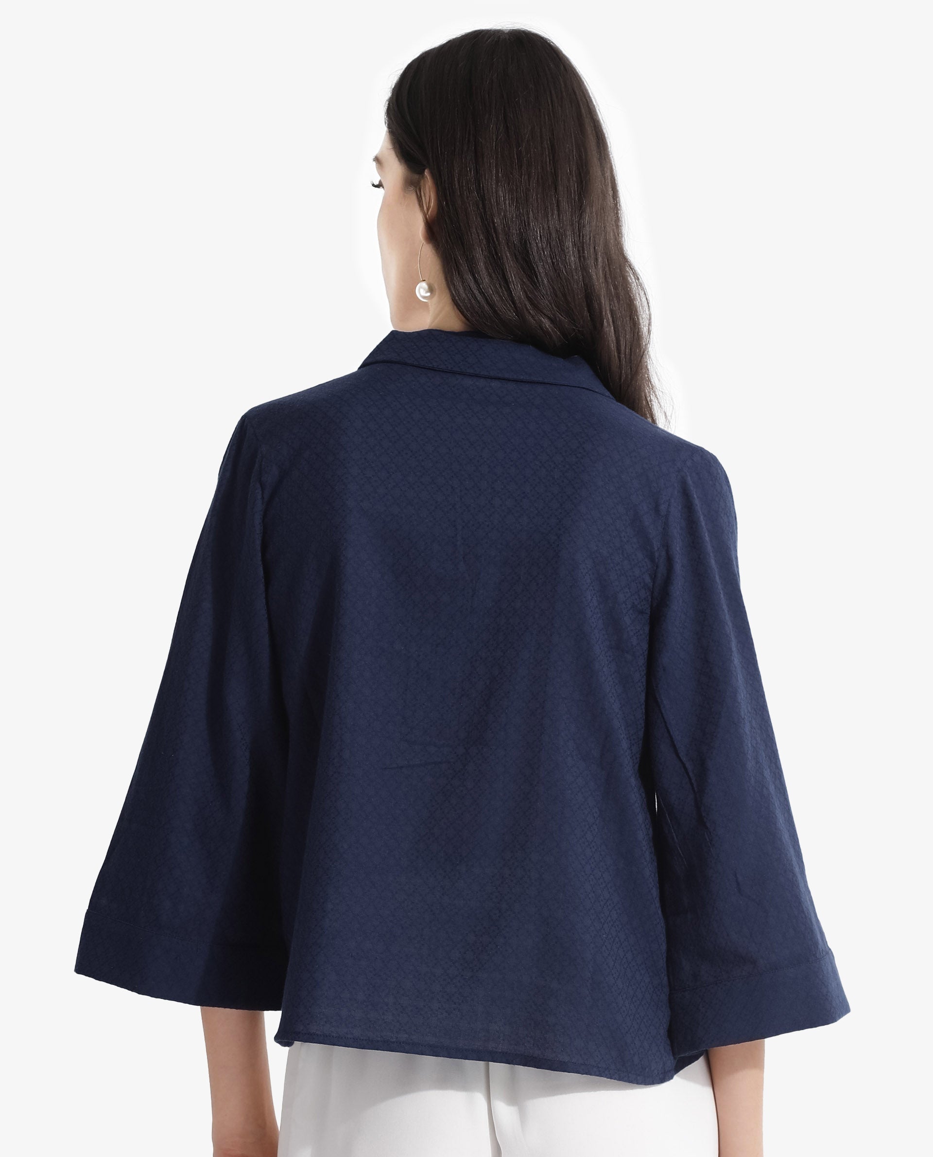 Rareism Women Carrara Dark Blue 3/4Th Sleeve Lapel Collar Button Closure Plain Top