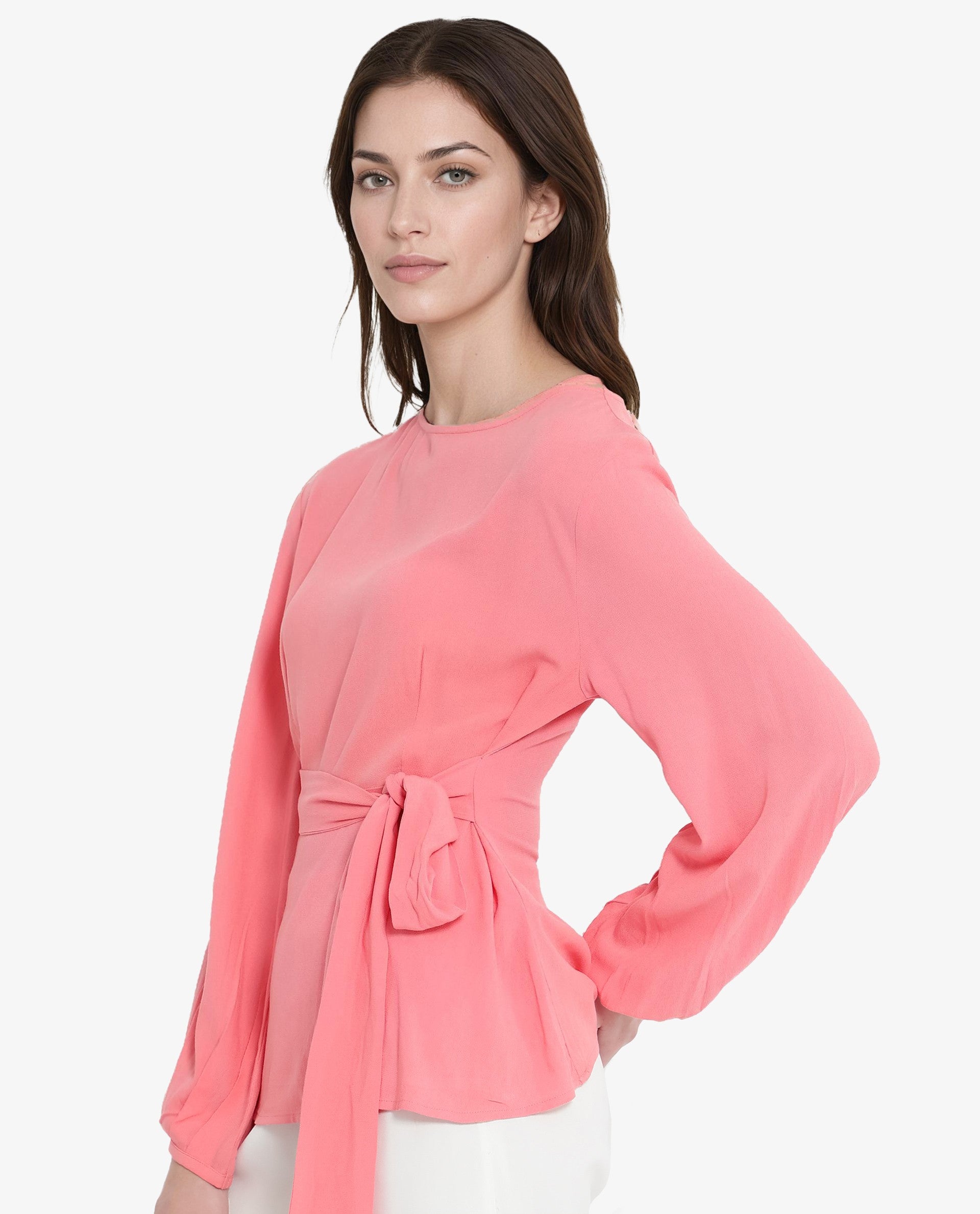 Rareism Women Centro Dark Pink Bishop Sleeve Boat Neck Plain Top