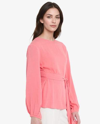 Rareism Women Centro Dark Pink Bishop Sleeve Boat Neck Plain Top