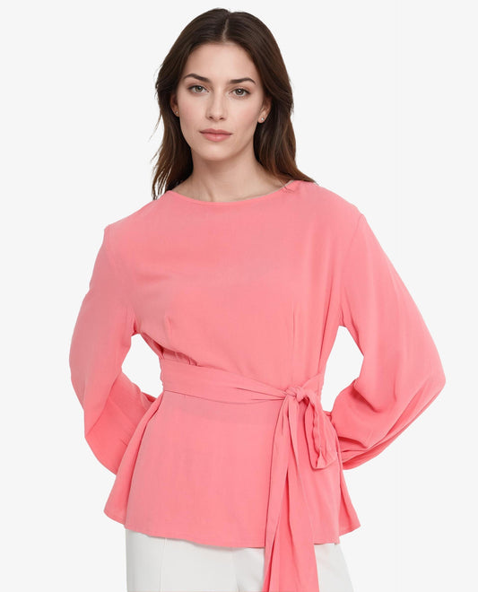 Rareism Women Centro Dark Pink Bishop Sleeve Boat Neck Plain Top