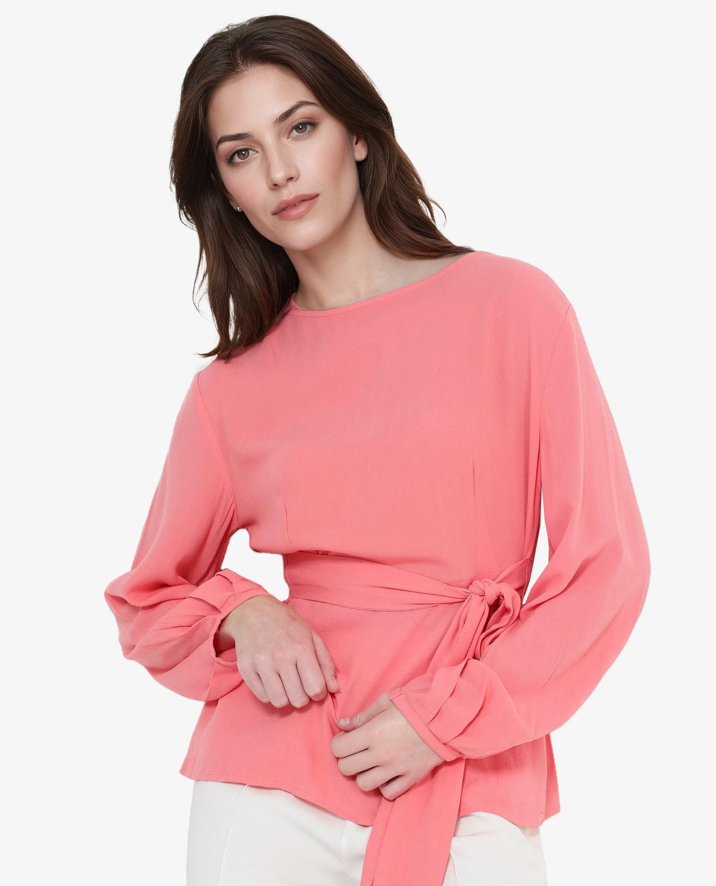 Rareism Women Centro Dark Pink Bishop Sleeve Boat Neck Plain Top