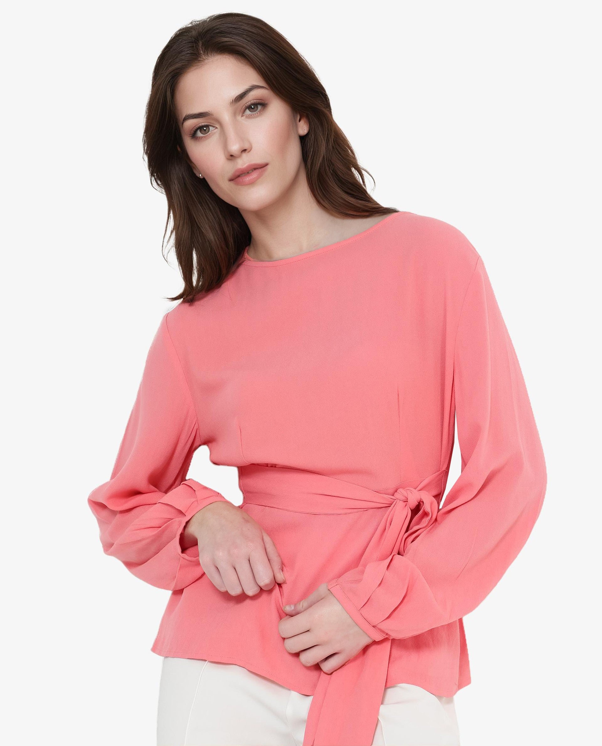 Rareism Women Centro Dark Pink Bishop Sleeve Boat Neck Plain Top