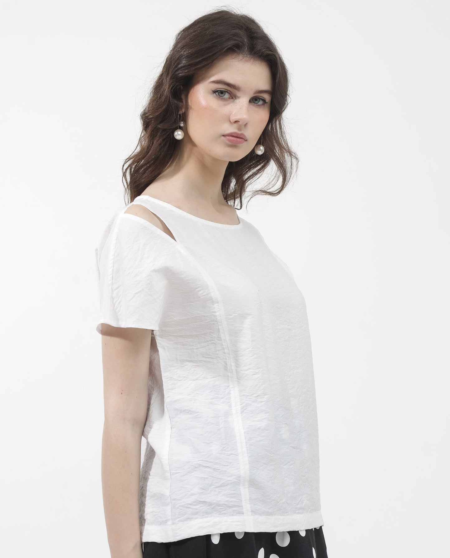 Rareism Women Chabert White Rayon Nylon Fabric Cap Sleeve Round Neck Solid Regular Length Top