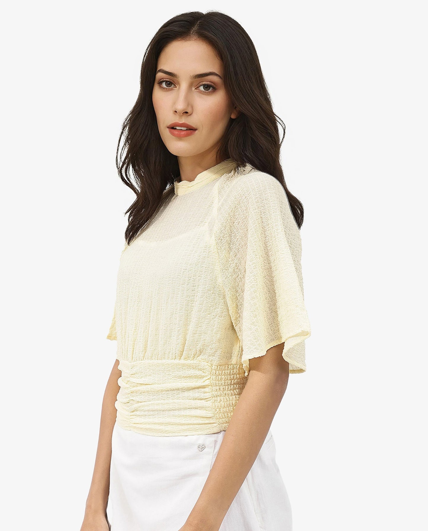 Rareism Women Chalsey Yellow Polyester Fabric Regular Sleeves Ribbed Collar Solid Regular Length Top