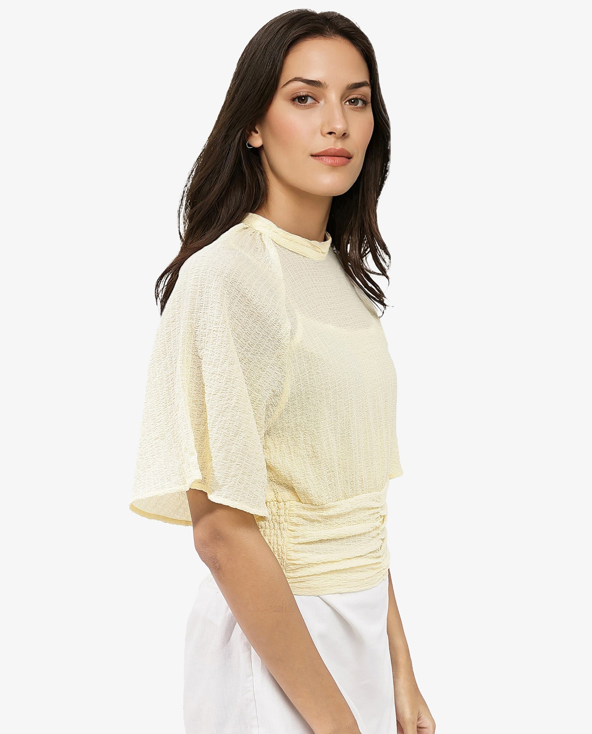 Rareism Women Chalsey Yellow Polyester Fabric Regular Sleeves Ribbed Collar Solid Regular Length Top