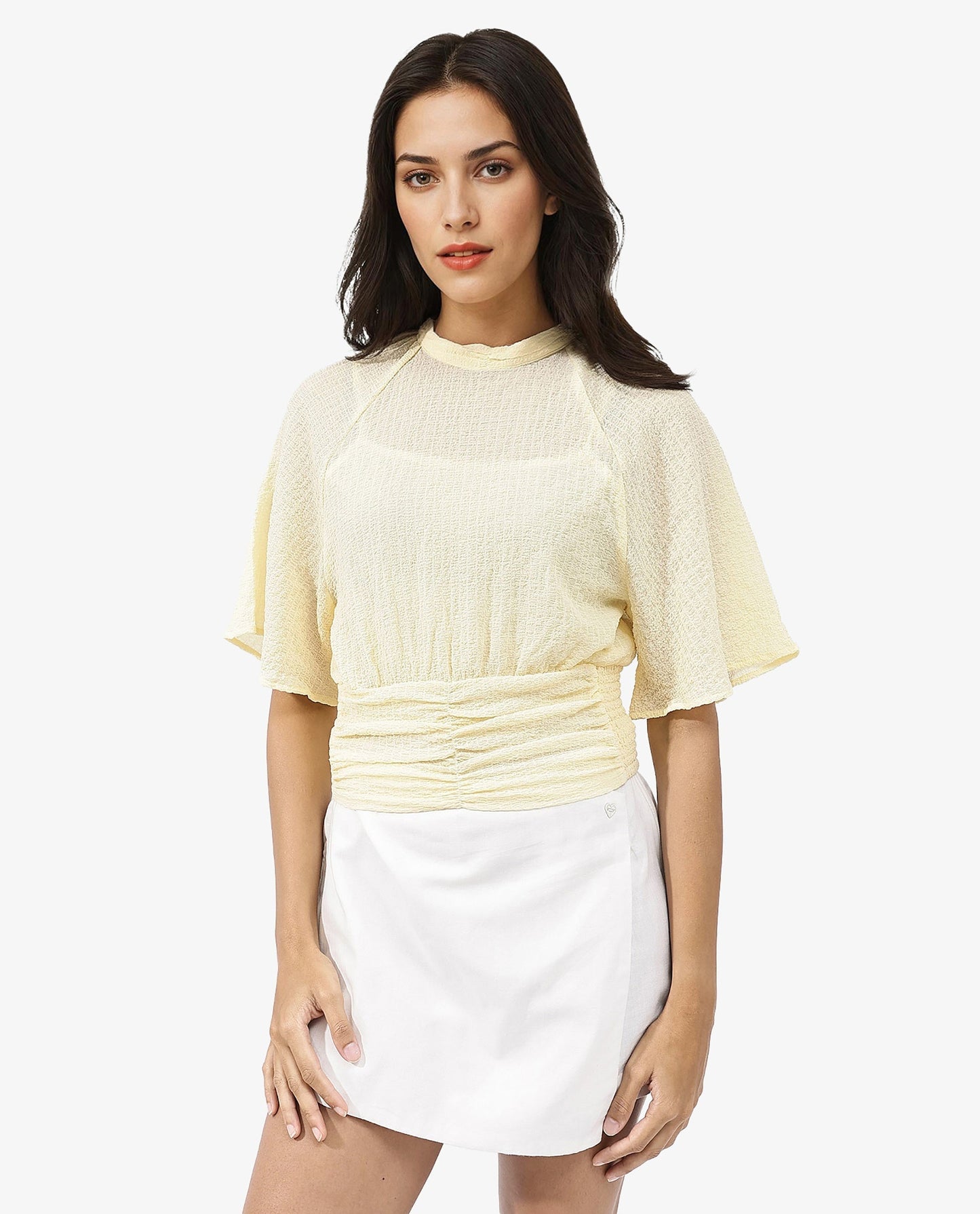 Rareism Women Chalsey Yellow Polyester Fabric Regular Sleeves Ribbed Collar Solid Regular Length Top