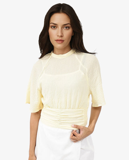 Rareism Women Chalsey Yellow Polyester Fabric Regular Sleeves Ribbed Collar Solid Regular Length Top